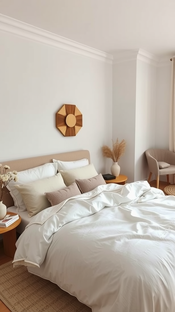 A cozy bedroom featuring a comfortable bed with white bedding, wooden side tables, and a cozy chair in a bright space.