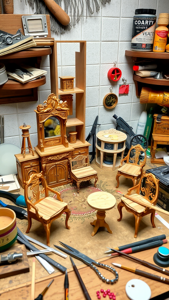 A workbench with various tools and miniature wooden furniture, including a cabinet, chairs, and a table.