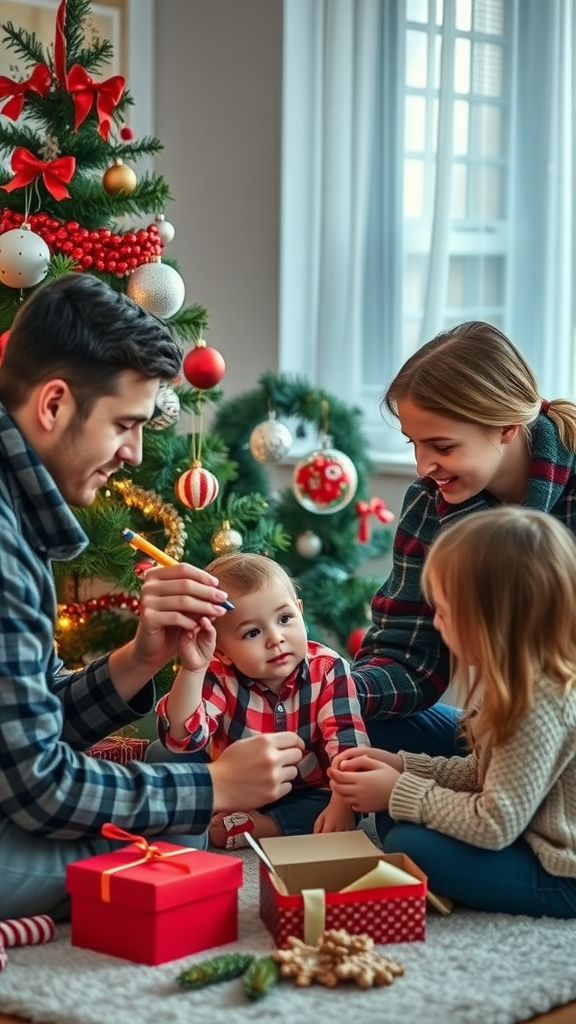 Family making personalized Christmas decorations together around a decorated tree.