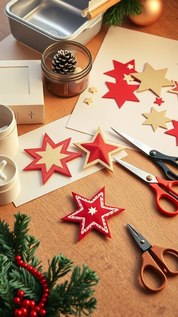 A cozy table setup featuring felt star decorations, scissors, a candle, and a pine cone, perfect for holiday crafting.