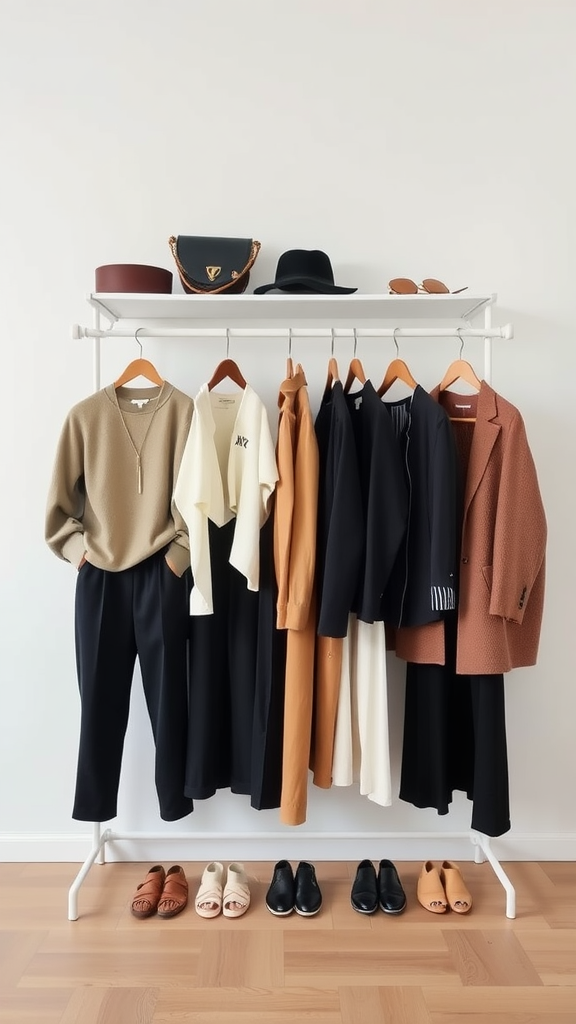 Organized clothes on a rack for a capsule wardrobe