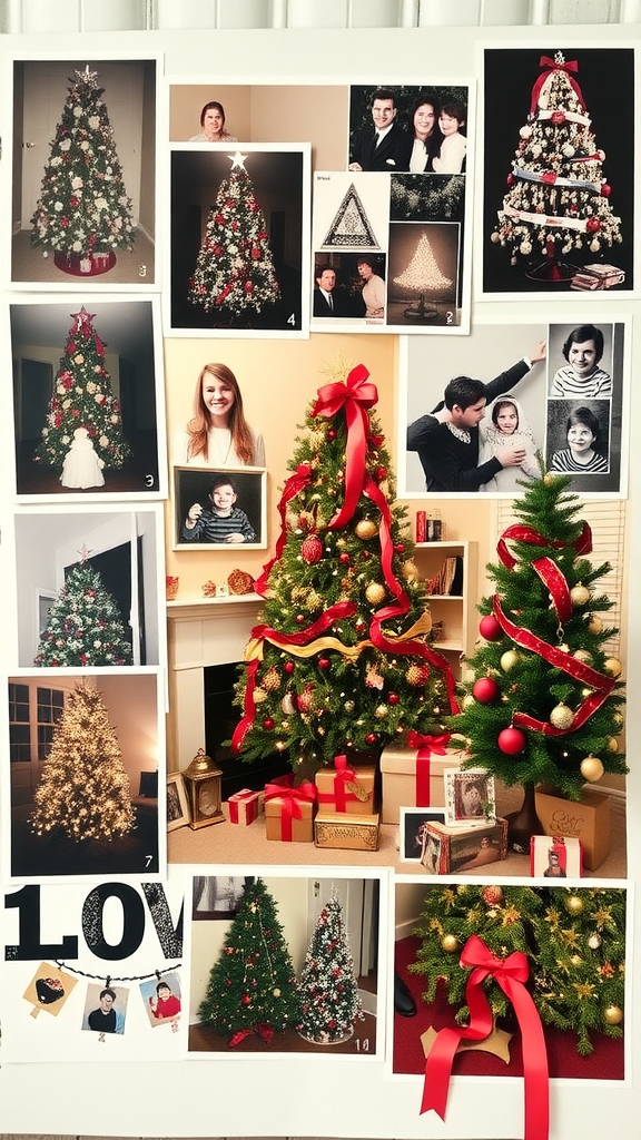 A collage of Christmas tree photos and festive images, showcasing decorated trees and joyful family moments.