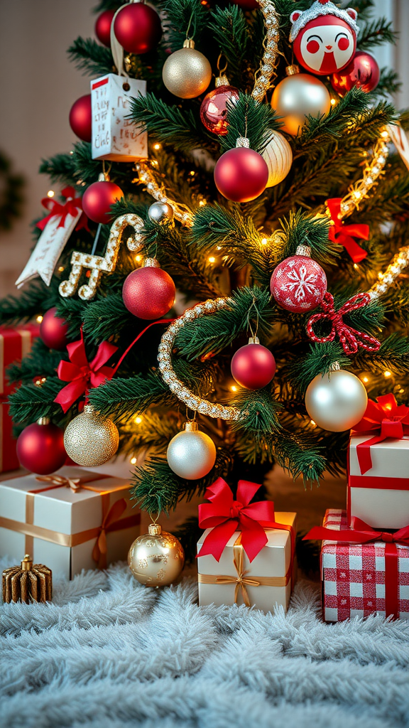 A beautifully decorated Christmas tree with red and gold ornaments and presents underneath.