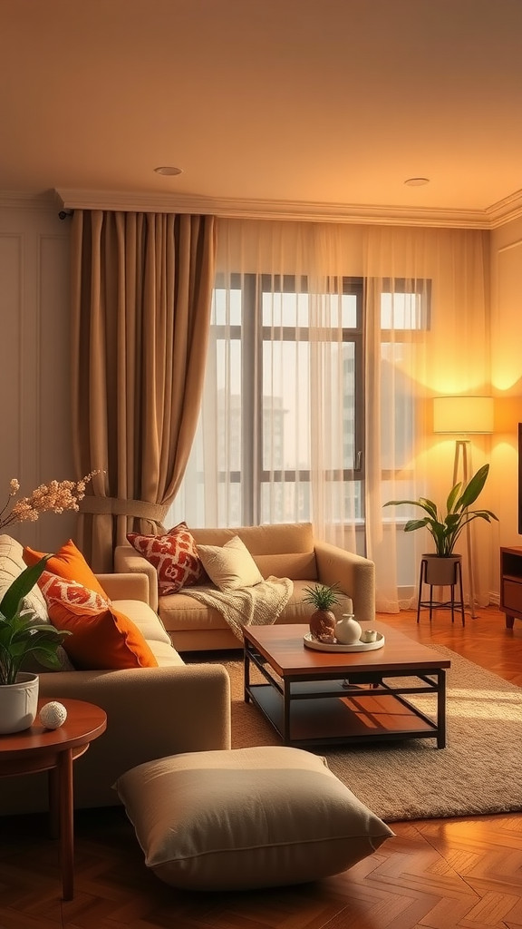 Cozy 12x14 living room with warm lighting, plants, and comfortable furniture.