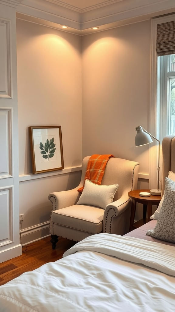 Cozy reading nook featuring a comfortable chair, a warm throw blanket, and soft lighting.