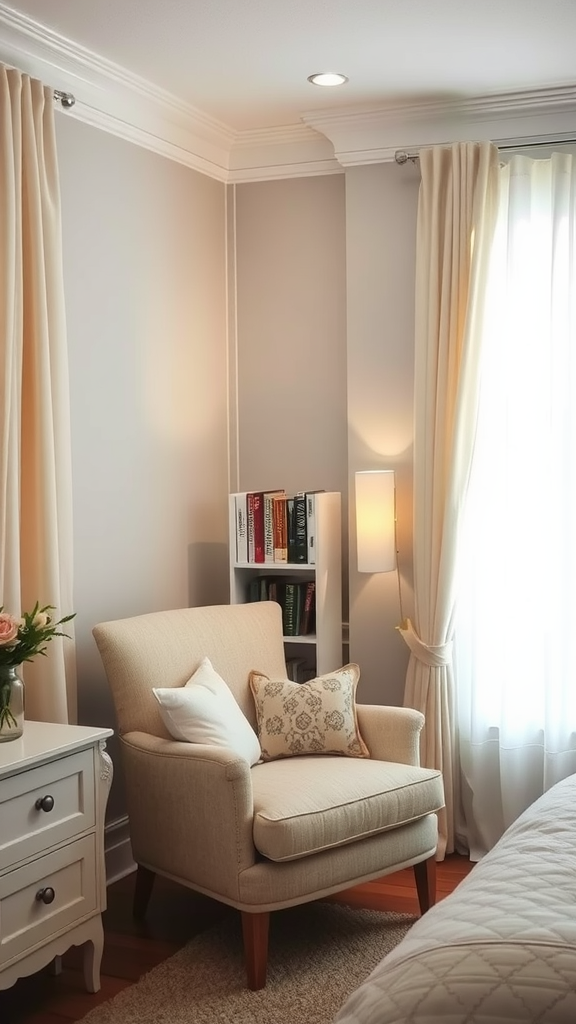 A cozy reading nook with a soft armchair, a small bookshelf, and soft curtains
