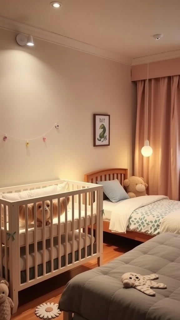 A cozy nursery with a crib and a bed, featuring soft lighting and plush toys.