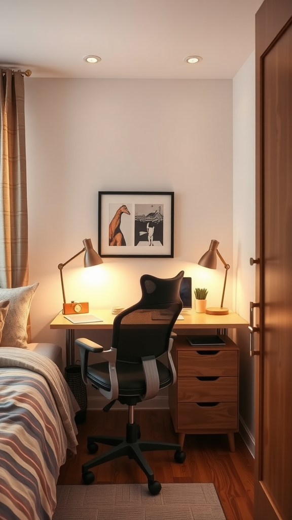 A cozy work nook in a small bedroom featuring a desk, chair, and warm lighting.
