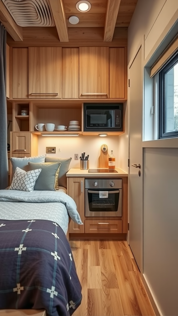 A cozy, small kitchen area with wooden cabinets, a microwave, and an oven, integrated with a living space.
