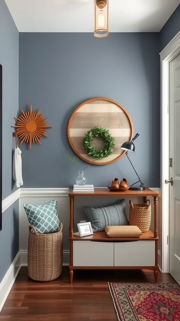 A stylish entryway featuring deep blue walls, a wooden console table, and decorative elements.