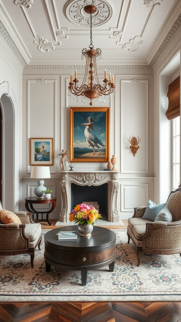 A classic living room featuring a chandelier, ornate ceiling, and elegant furniture, with floral decorations and framed artwork.