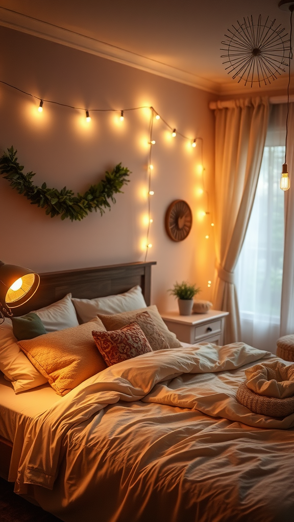 Cozy bedroom with soft lighting, pillows, and natural décor.