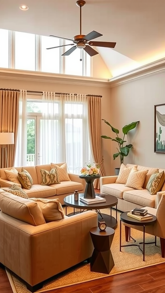 A cozy living room with beige sofas, large windows, and natural decor.