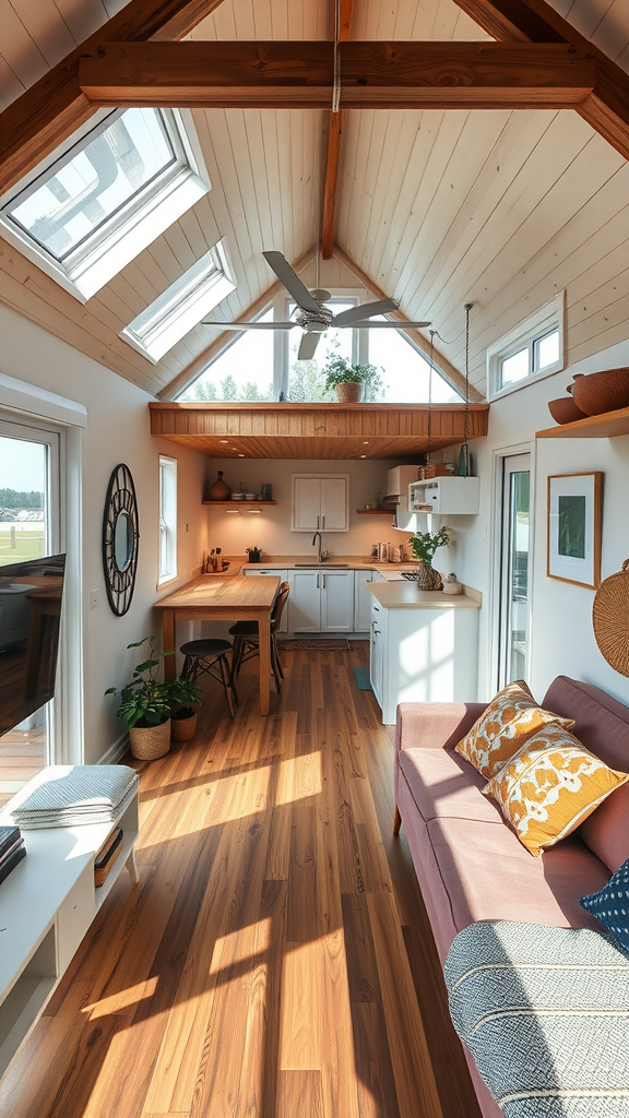 A bright and airy open concept living area with wooden ceiling, skylights, a pink sofa, and a wooden dining table.