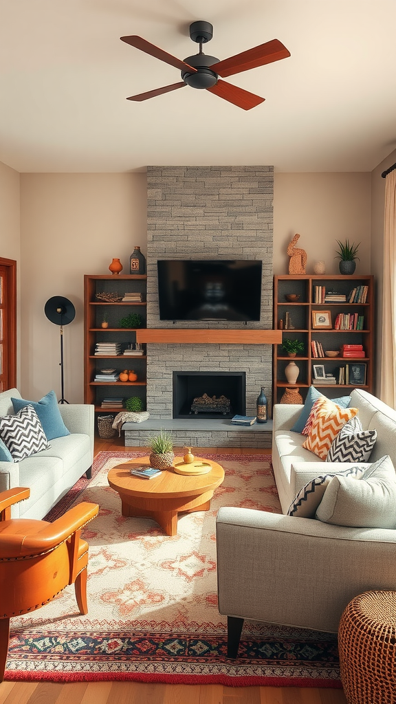 Cozy living room with soft colors, comfortable seating, and a central coffee table