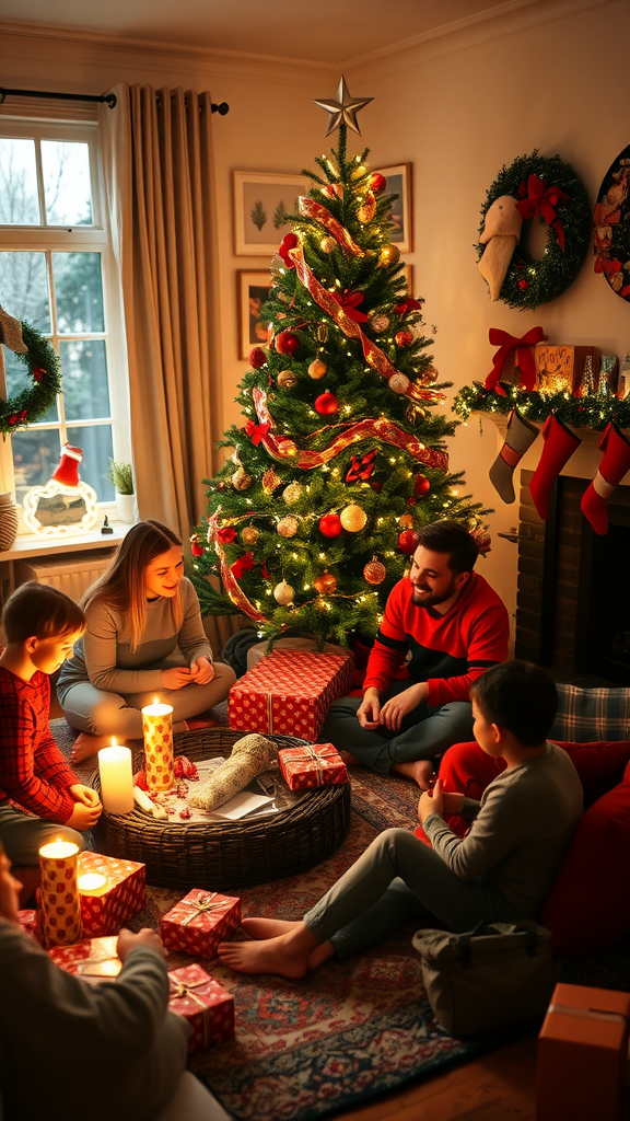 A family gathered around a beautifully decorated Christmas tree, enjoying each other's company with wrapped gifts and candles.