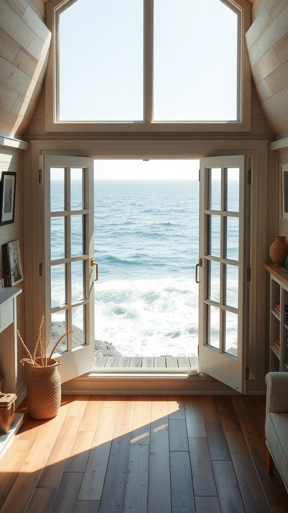 Interior view of a coastal tiny house with large open windows overlooking the ocean.
