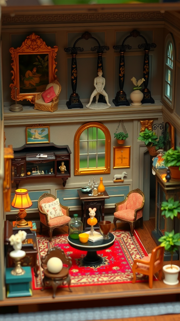 A cozy and detailed room scene featuring elegant furniture, plants, and artwork.