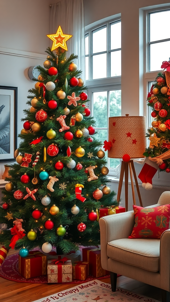 A colorful and festive Christmas tree decorated with ornaments, topped with a star, surrounded by wrapped gifts in a cozy room.