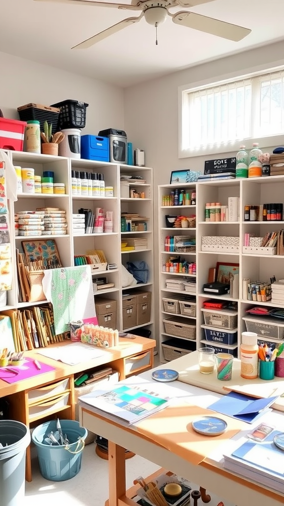 A well-organized craft room with shelves filled with supplies and tables ready for creative projects.