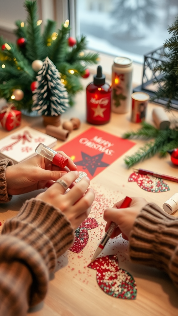 Hands crafting DIY Christmas cards with festive decorations.