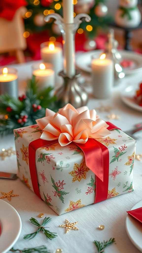 A beautifully wrapped gift with floral paper and a large satin bow on a festive table setting.