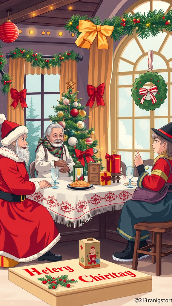 A festive holiday scene with characters celebrating around a table decorated for Christmas, featuring a tree, snacks, and cheerful decorations.