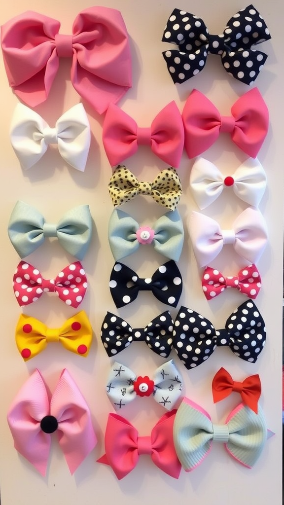 A collection of colorful bows in various shapes and patterns arranged neatly.