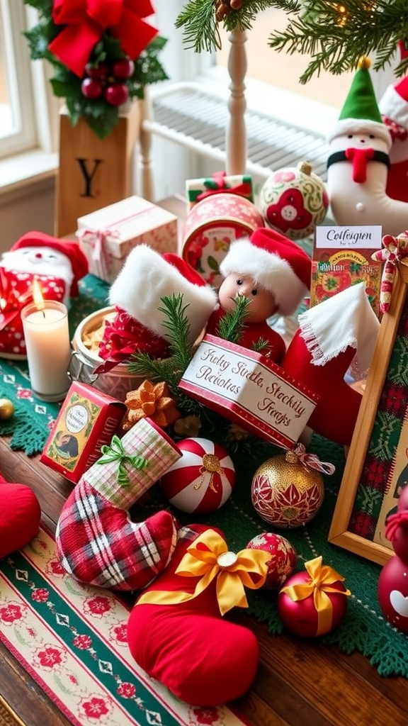 A festive display featuring colorful stockings, holiday decorations, and various gifts.