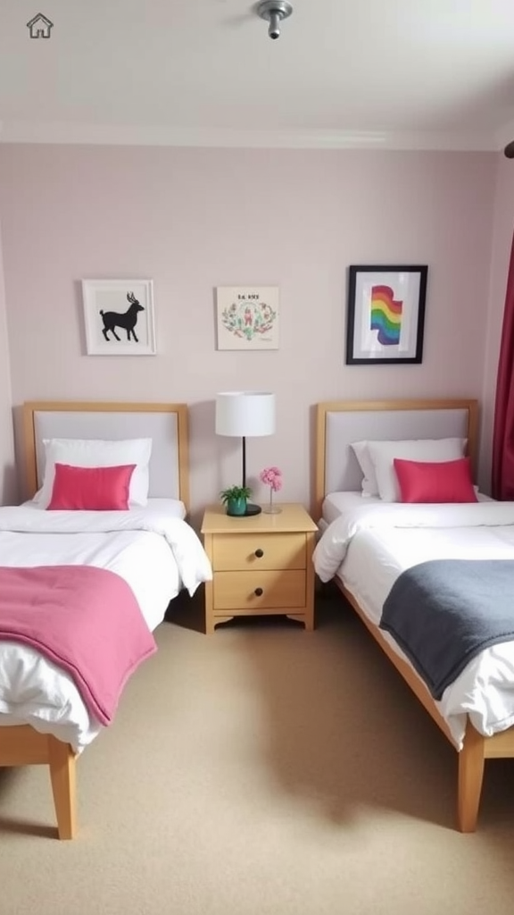 A shared bedroom with two twin beds, pink walls, and colorful decor.