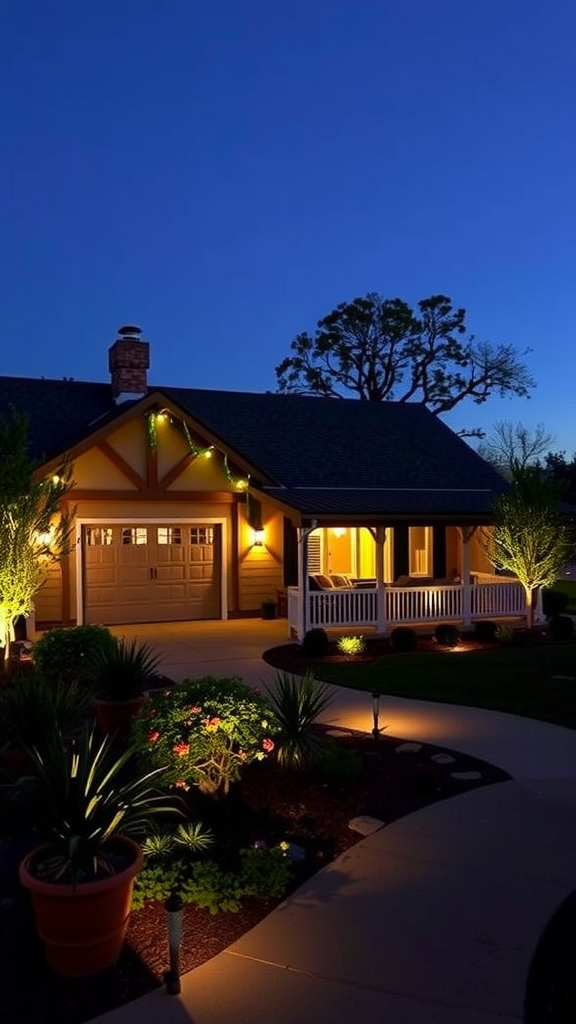 A beautifully lit outdoor area with plants and pathway lights.