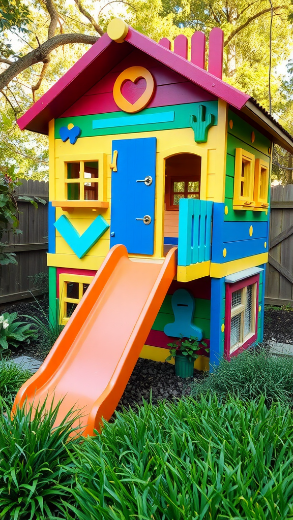 Colorful playhouse with a slide in a garden