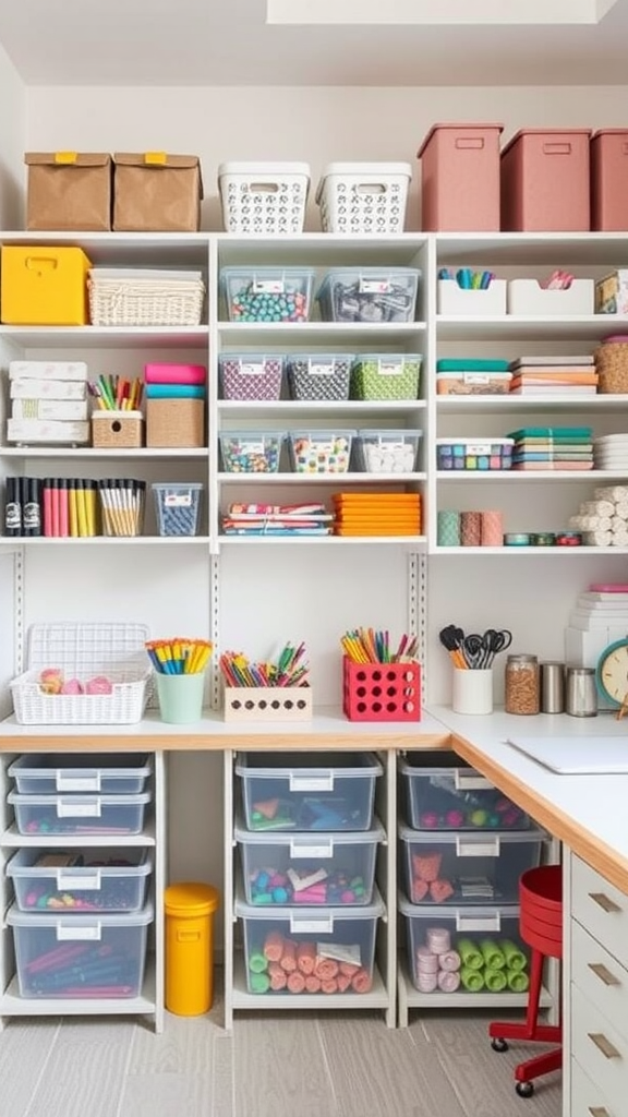A colorful and organized craft room with shelves of supplies and a tidy workspace.
