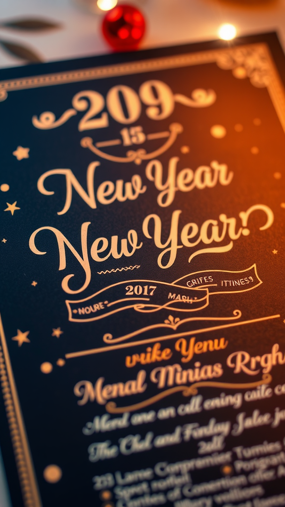 New Year invitation featuring creative typography with elegant design elements.