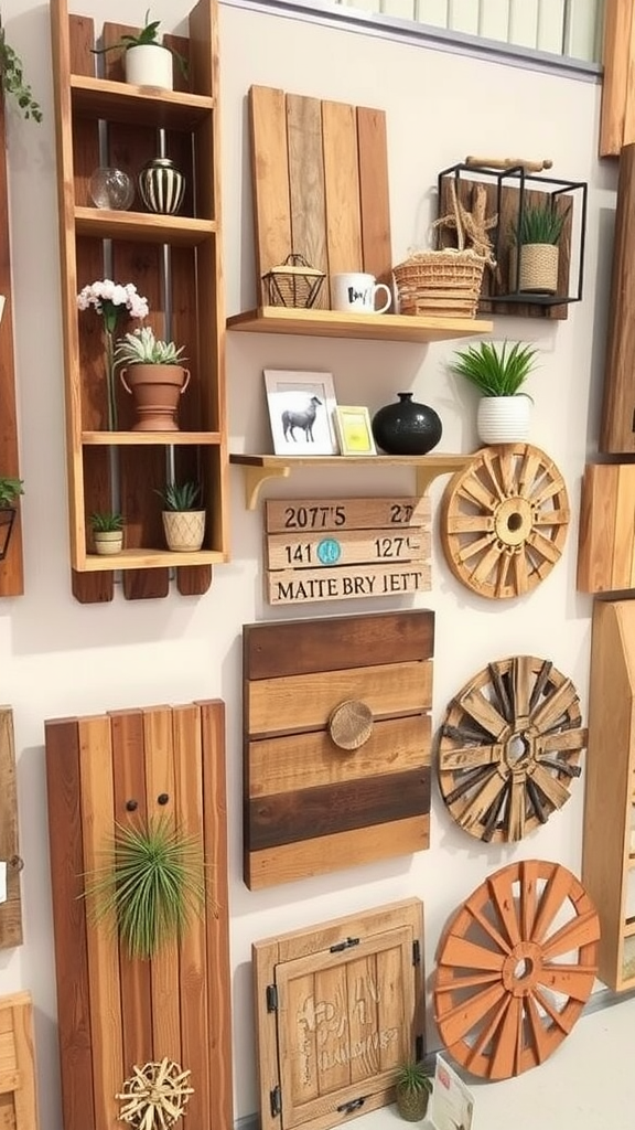 A collection of pallet wood decor items, including shelves, wall art, and plant displays.