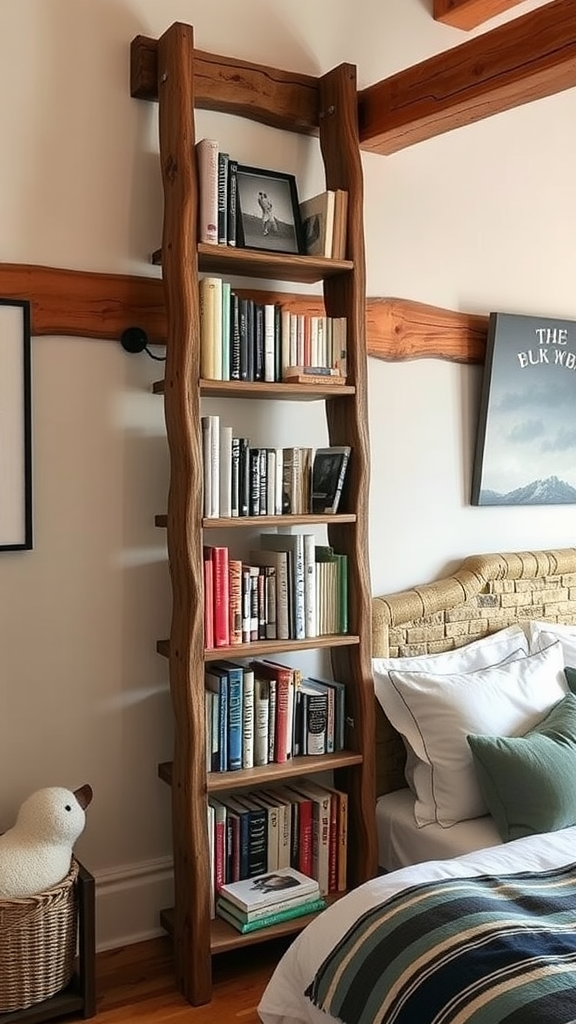 A wooden ladder bookshelf filled with various books and photos in a cozy bedroom setting.