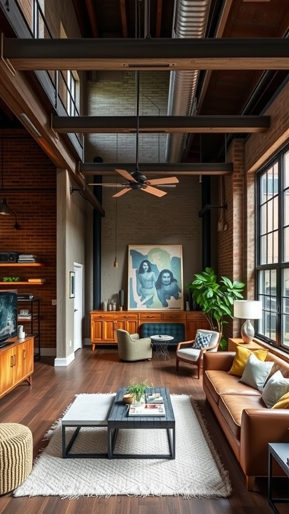 A stylish living room with high ceilings, large windows, and a cozy arrangement of furniture.