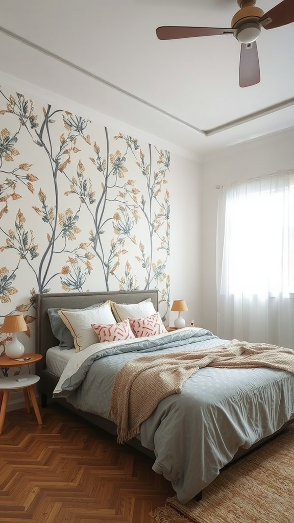 Cozy bedroom with floral wallpaper, soft bedding, and natural light