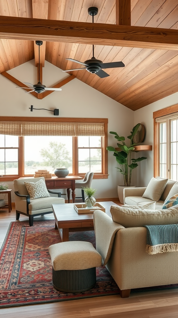 A cozy living room featuring wood accents, including beams and furniture, with natural light streaming in through large windows.