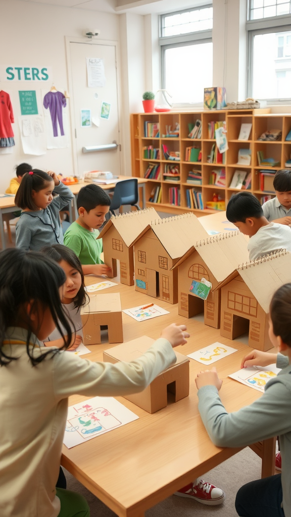 Children in a classroom creating with cardboard houses, drawing and assembling designs.