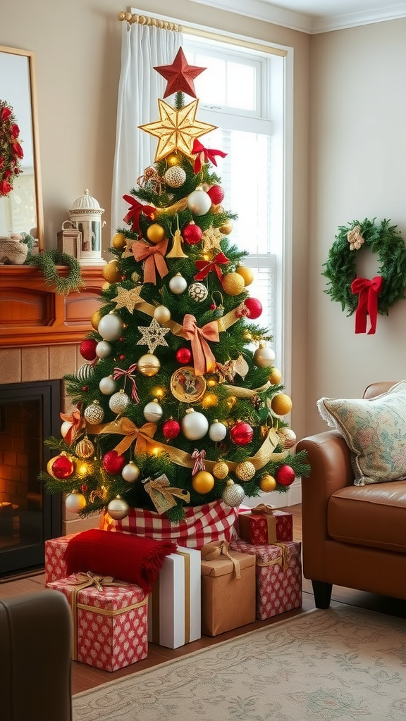 A beautifully decorated Christmas tree with presents underneath