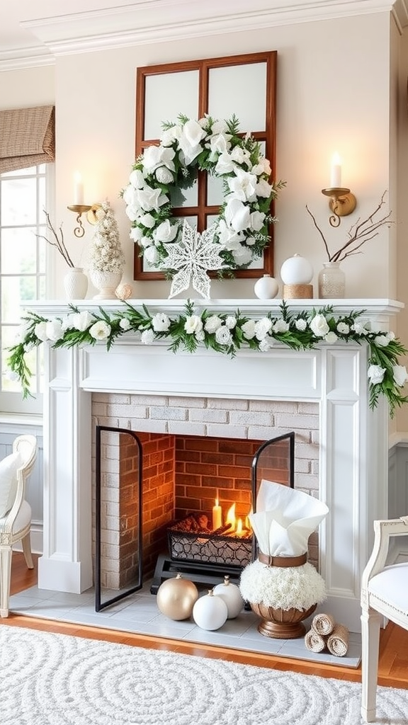 A cozy winter living room with a white wreath above a warm fireplace, decorated for the season.