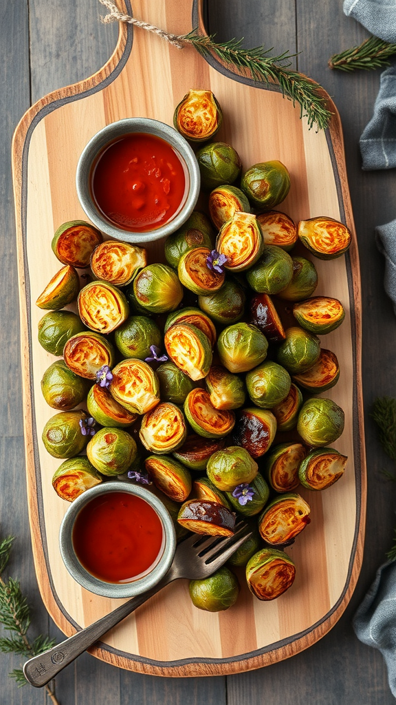 A wooden board filled with crispy roasted Brussels sprouts and a small bowl of dipping sauce.