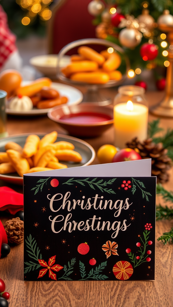 A festive table setting with holiday snacks and a greeting card that says 'Christings Chrestings'.