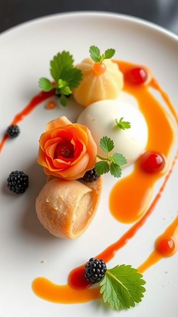Artfully presented dessert featuring fruit decorations, sauce, and garnishes