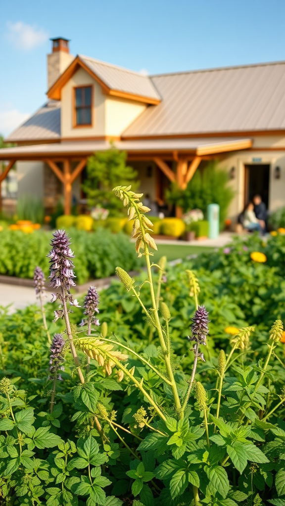 A lush culinary herb garden with various plants and a cozy house in the background.