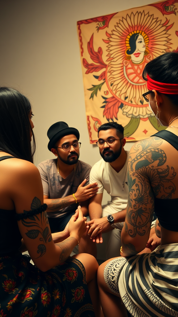 A group of four individuals discussing tattoos, with one wearing a hat and another in a red headband. They are surrounded by a colorful tapestry.
