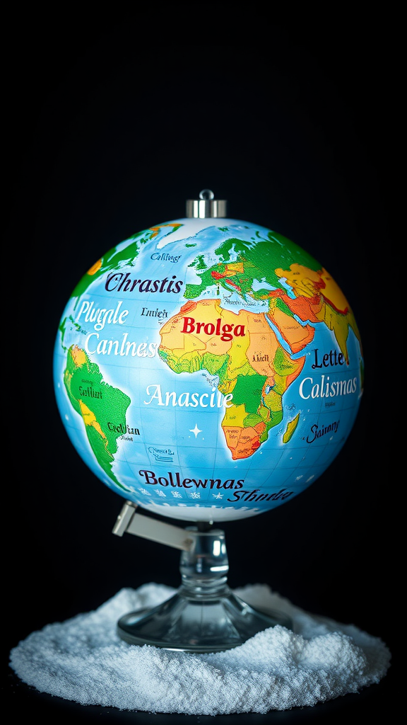 A colorful globe highlighting various countries, sitting on a bed of salt.