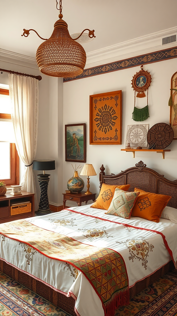 A cozy bedroom showcasing cultural influences in decor with woven light fixture, patterned textiles, and artistic wall hangings.