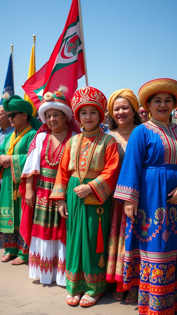 A group of individuals in traditional attire showcasing diverse cultures, with flags in the background.